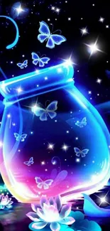 Neon butterflies in a glowing jar, set against a cosmic background.