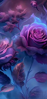 Neon purple roses with a mystical blue background.