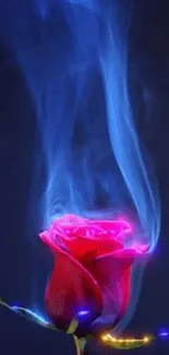 A neon pink rose with mystical blue smoke effect on a dark background.