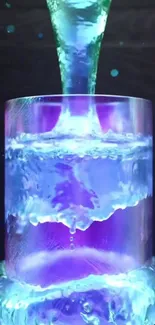 Neon blue water flowing vibrantly in a glass, creating a captivating effect.