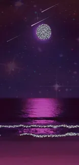 Purple night sky with stars and ocean reflection.