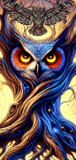 Artistic owl intertwined with tree branches, vibrant and mystical.