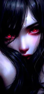 Mobile wallpaper featuring a captivating portrait with glowing red eyes and dark hair.