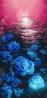 Blue roses floating on pink water, creating a mesmerizing wallpaper aesthetic.