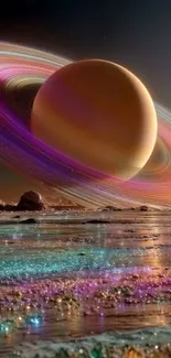 Vibrant Saturn art with colorful rings over a cosmic landscape.