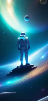 Astronaut on a colorful space landscape with planets glowing brightly in the background.