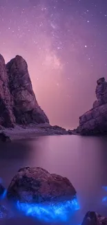 Starry sky over rocky seascape with purple hues.