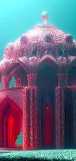 Intricate underwater palace art with vibrant domes.