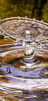 Artistic capture of water drop and ripples with golden reflections.