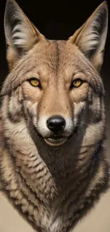 Realistic wolf portrait in earthy tones for mobile wallpaper.