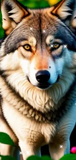 A wolf standing amidst colorful roses and green foliage.