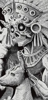 Black and white Mesoamerican warrior design with feathers and skull.