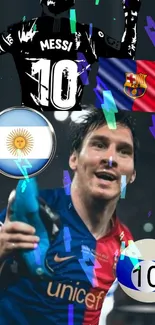 Lionel Messi themed wallpaper with football icons and national flags.