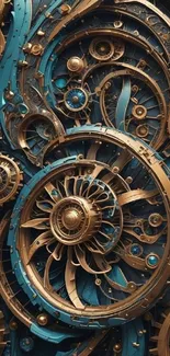 Intricate steampunk gear design in teal and gold tones.