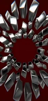 Silver 3D shapes on dark red geometric wallpaper.