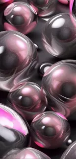 Glossy metallic pink and black bubbles on an abstract background.