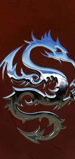 Metallic dragon design on dark red background wallpaper.