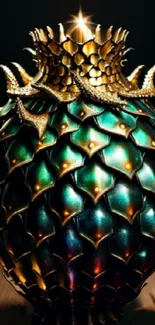 Intricate metallic dragon egg with golden scales and green hues.