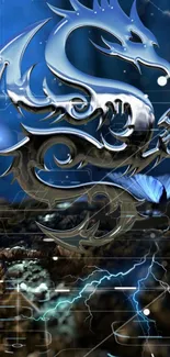 Metallic silver dragon on vibrant blue background in fantasy art style.