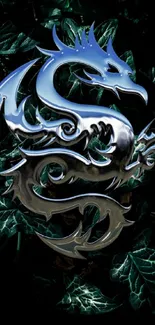 Metallic dragon with dark leafy background design.