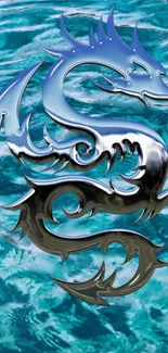 Metallic dragon on aqua waves wallpaper for mobile