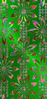Metallic floral pattern on a shimmering green background wallpaper.