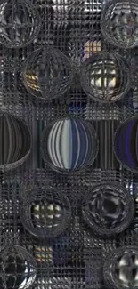 Metallic orb abstract wallpaper with spheres and grids.