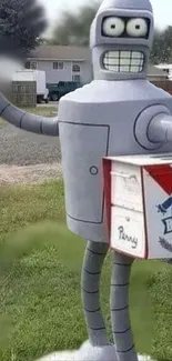 Metallic robot holding a Pabst Blue Ribbon box