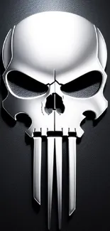 Silver metallic skull on dark textured background, perfect for mobile wallpaper.