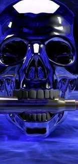 Metallic skull holding bullet with blue glow.