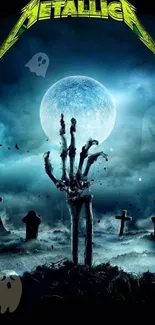 Skeletal hand rises under moonlight in a eerie graveyard scene, Metallica themed.