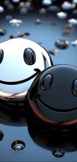 Shiny black and silver smiley faces with reflective droplets.