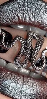 Metallic silver lips with a snake ring in trendy wallpaper design.