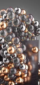 Futuristic metallic sphere wallpaper with copper and silver hues.