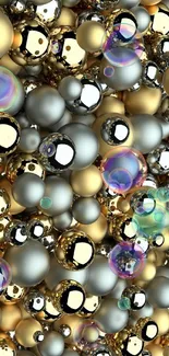 Abstract wallpaper with metallic gold and silver spheres.