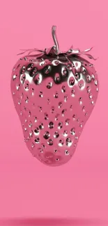 Metallic strawberry on a pink background, modern wallpaper.