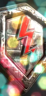 Metallic thunder emblem on dark background.