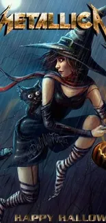 Metallica-themed Halloween wallpaper with a witch on a broomstick and a pumpkin.