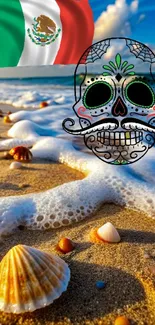 Mexican decorated skull art on beach