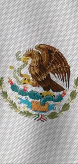 Mexican emblem with eagle and snake on textured white background.