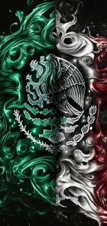 Artistic Mexican flag wallpaper with swirling red, green, and white smoke.