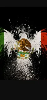 Mexican flag art with a soaring eagle design on a black background.