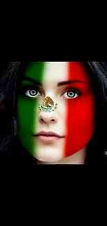 Woman's face painted with the Mexican flag colors and emblem.