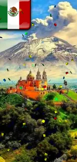 Mexican cathedral and volcano with colorful confetti