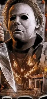 Michael Myers holding a knife in Halloween art.