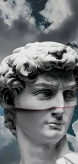 Classical sculpture head with cloudy sky background