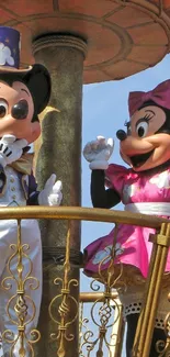 Mickey and Minnie in colorful festive outfits on parade.