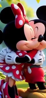 Mickey and Minnie Mouse hugging in a colorful garden.
