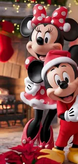 Mickey and Minnie Mouse in Christmas outfits by a cozy fireplace.