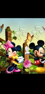 Mickey and Minnie in a garden with colorful butterflies.